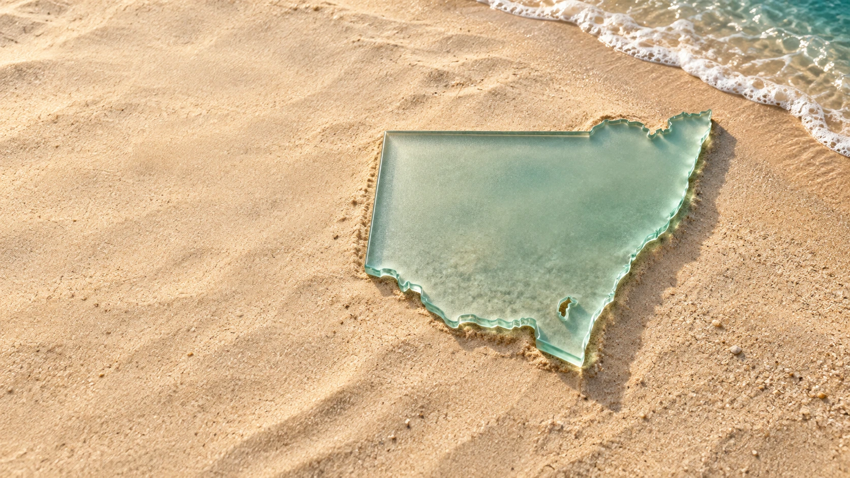 A thick frosted glass sculpture of New South Wales resting in beach sand beside gentle surf