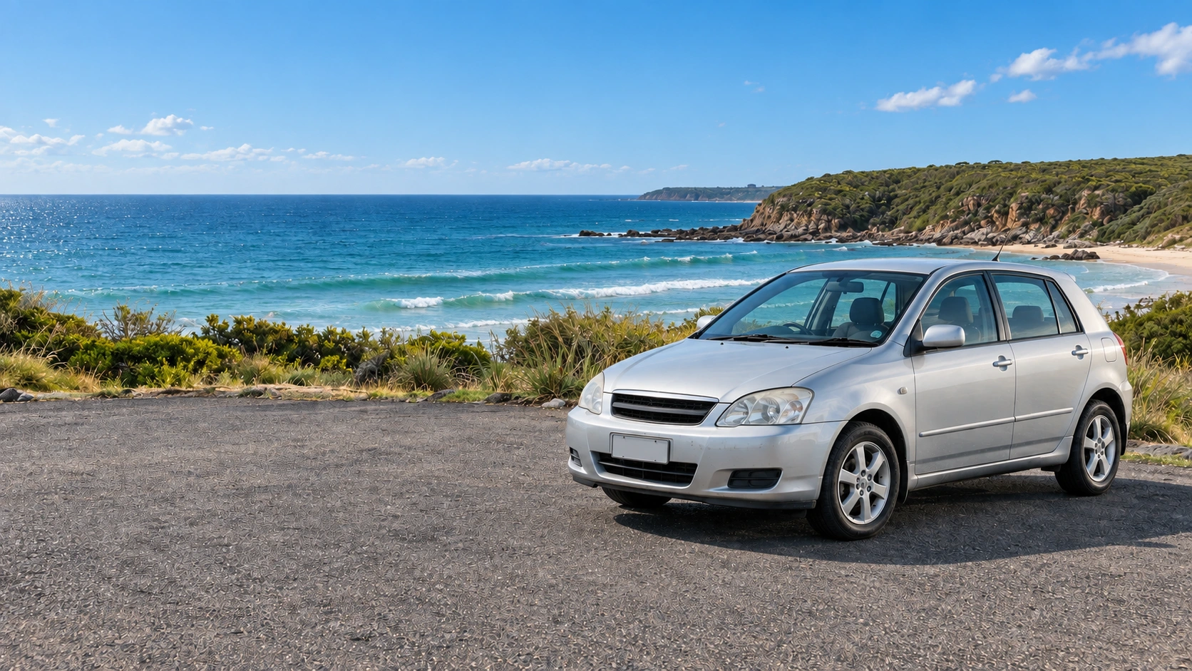 Silver hatchback on an Australian coastal road beside rolling surf